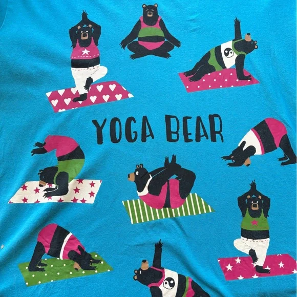 Yoga Bear Bright Blue Pajama Shirt 100% Cotton Bears Yoga Fun Cute - Picture 2 of 7